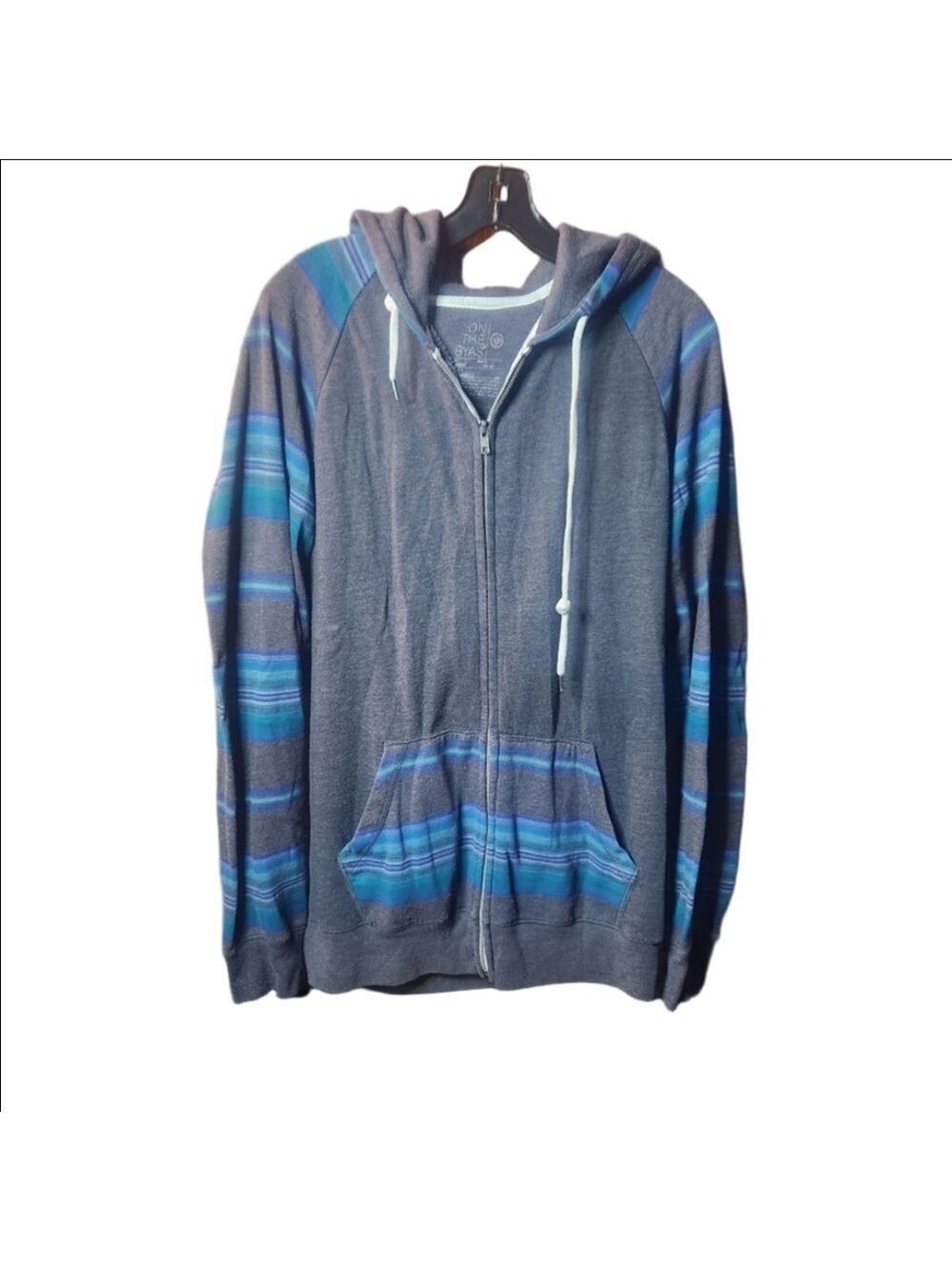 Mens HOODED SWEATSHIRT Large L Zipper Gray Stripe Hoodie